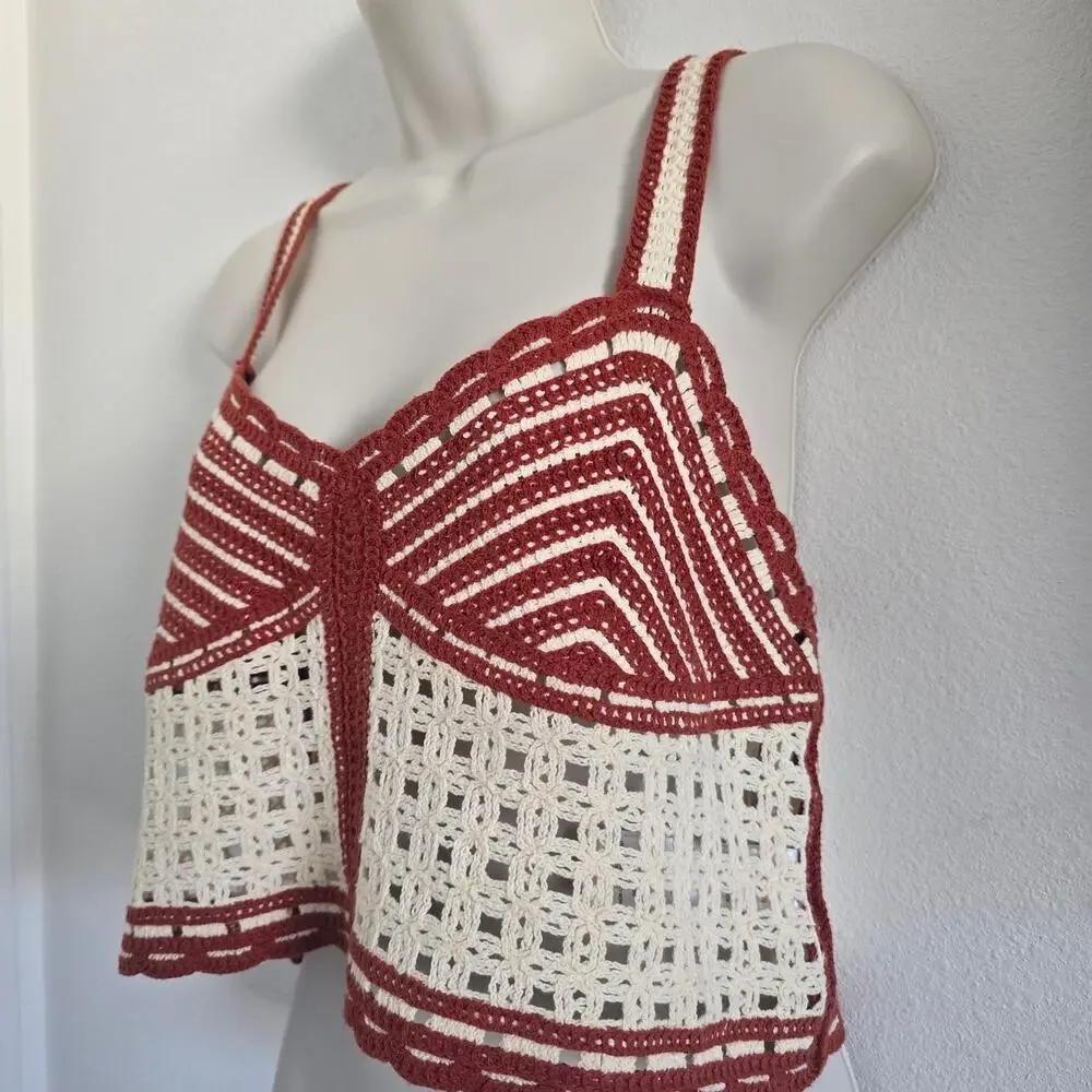 Jason Wu Crochet Knit Camisole Top Size 10 Cream Brown Boho Cottage Festival - Picture 2 of 7